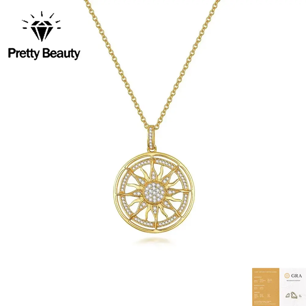 Pretty Beauty Moissanite Sun Pendant Necklace for Women Sunburst S925 Sterling Silver Sunshine Symbol Fine Jewelry Birthday Gift