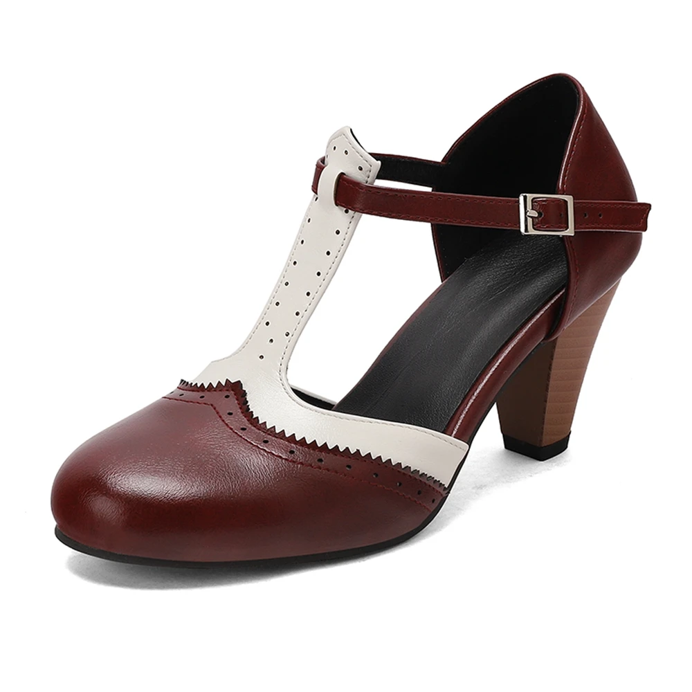 

Женские туфли Мэри Джейн больших размеров (34-50) с Т-образным ремешком, на массивном каблуке, винтажные, перфорированные, черные, розовые, коричневые, для вечеринок, модель H01-1