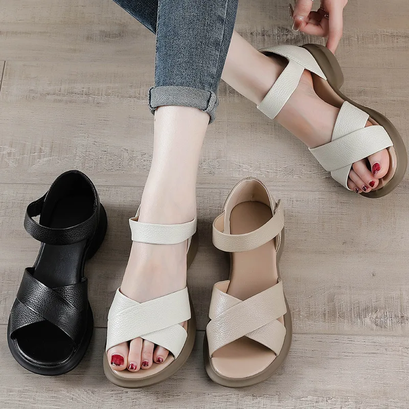 Genuine Leather Soft Sandals Women Surfaces Comfort Open Toe Shoes Thick Heel Hook And Loop Casual Original Retro Women Sandals