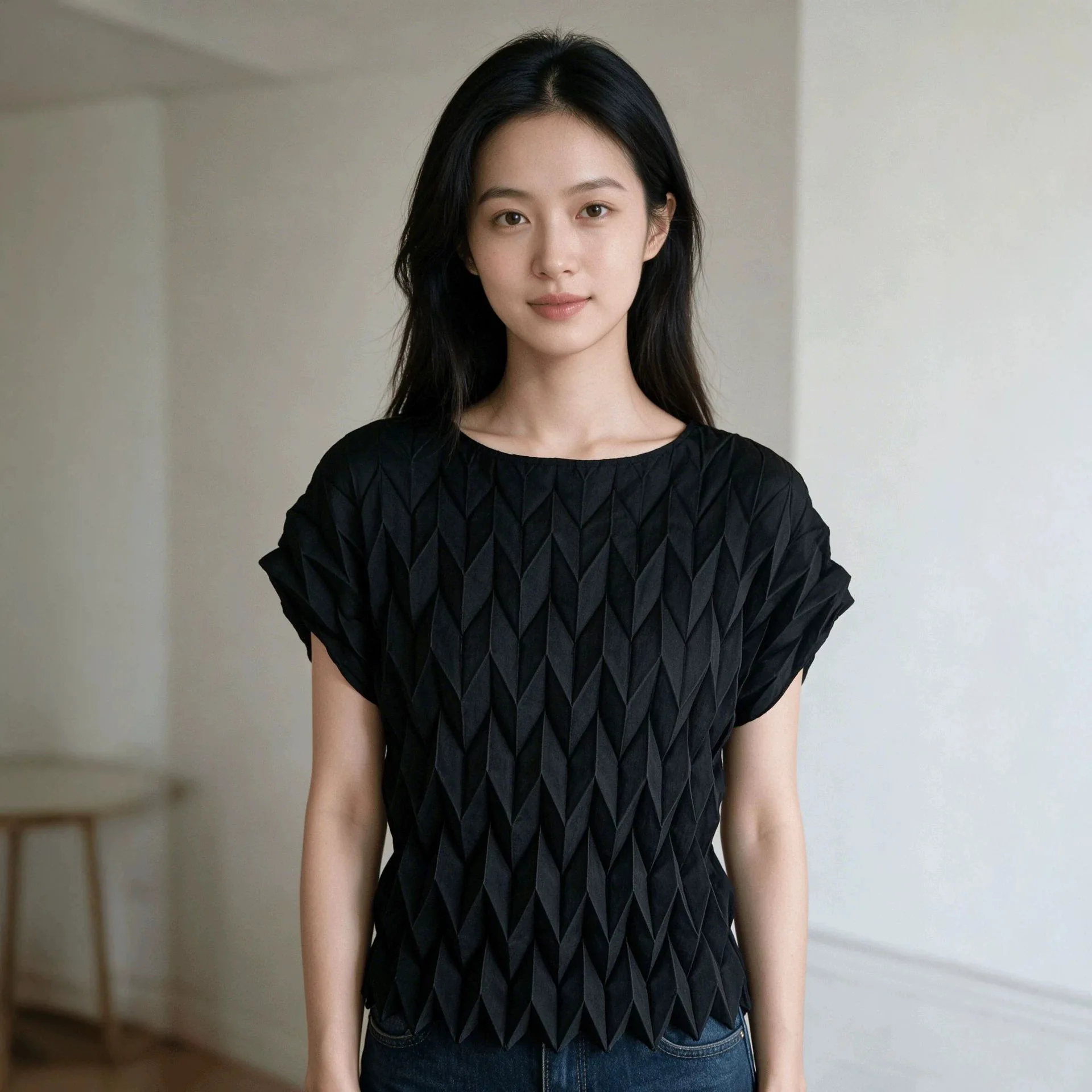 Miyake Diamond Three-dimensional Pleated Short-sleeved Top Women's Summer O Neck Bat Sleeve Commuting Loose Solid Color T-shirt
