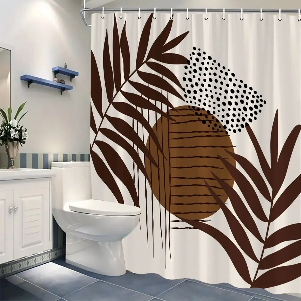 

Brown White Geometric Shower Curtain Circular Pattern Feather Shapes Light Beige Modern Minimalist Abstract Art with Hooks