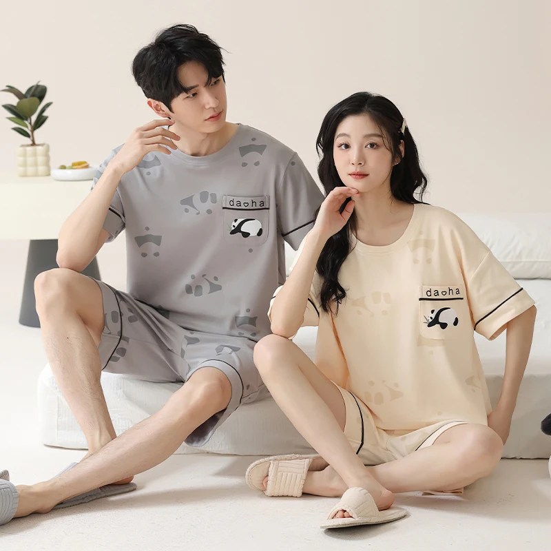 Korean Cotton Homewear for Women and Men Summer Short Sleeves Shorts Nightwear Couples Loungewear Cartoon Cute Rabbit Sleepwear