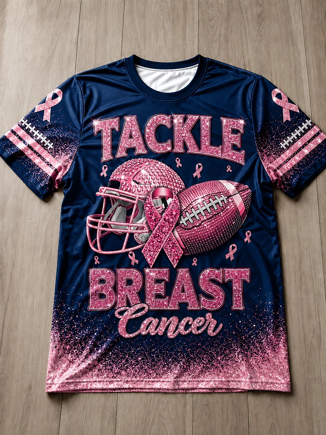 Tackle Breast Cancer Pink Ribbon Football Jersey Men Crew Neck Short Sleeve Navy Glitter Awareness Tee Summer Casual Sport Top