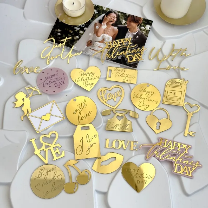 New Valentine's Day Cupcake  Toppers Gold Acrylic Decorations Marking Valentine's Day Wedding Acrylic Cake Decorations Letters