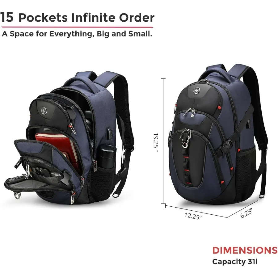 حقيبة ظهر للكمبيوتر المحمول بتصميم Swissdigital مع منفذ شحن USB حقيبة ظهر للسفر تناسب حقيبة ظهر مدرسية جامعية مقاس 15.6 بوصة للكمبيوتر 31 لتر