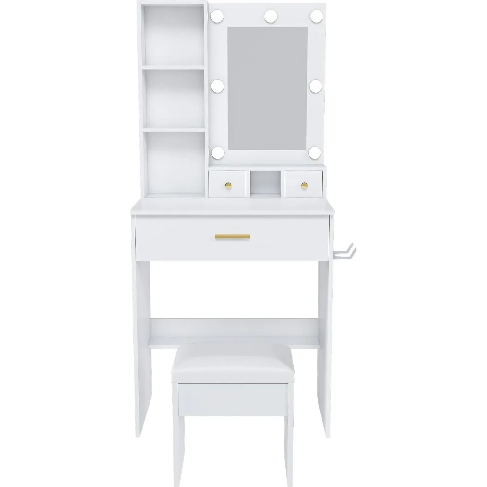 

Dressing table with mirror and adjustable LED lights, built-in power socket, and 1 large drawer