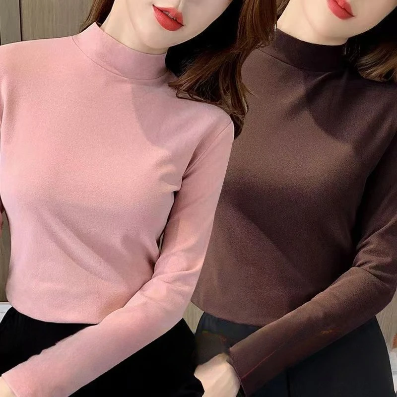 Solid Velvet High Collar Warm Base Shirt Strecth Casual and Regular Blouse Long Sleeve T-Shirt for Women Tees Shirts and Blouses