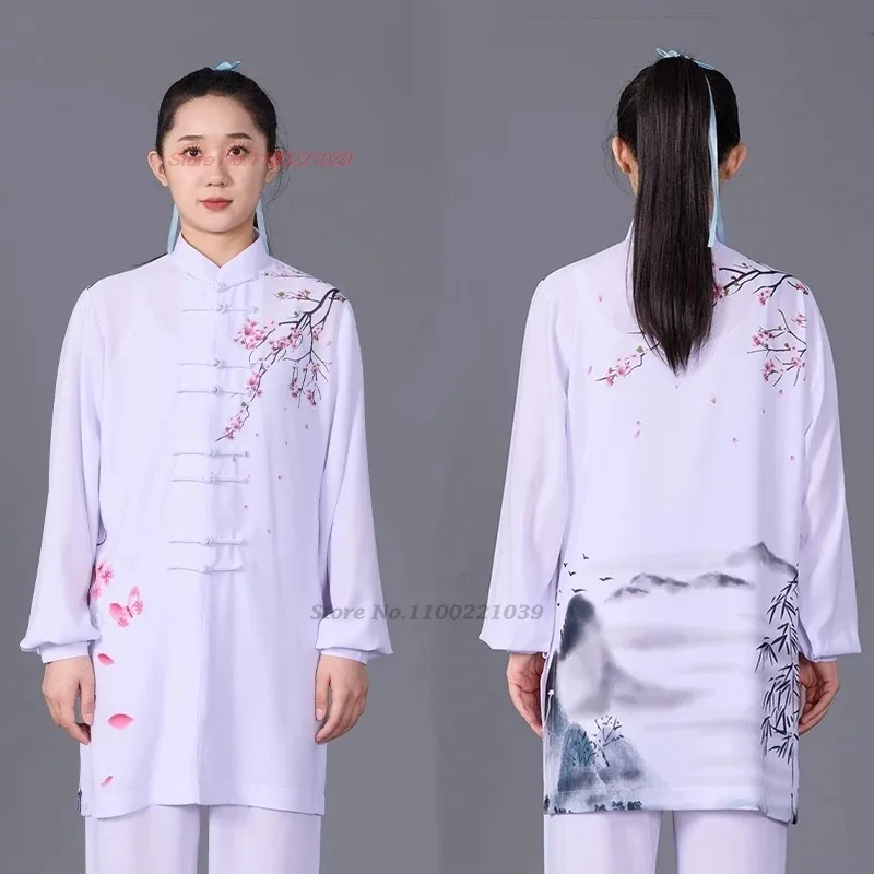 

2025 chinese tai chi uniform wushu kung fu training practice martial arts wing chun flower print tops+pants set outdoor sports