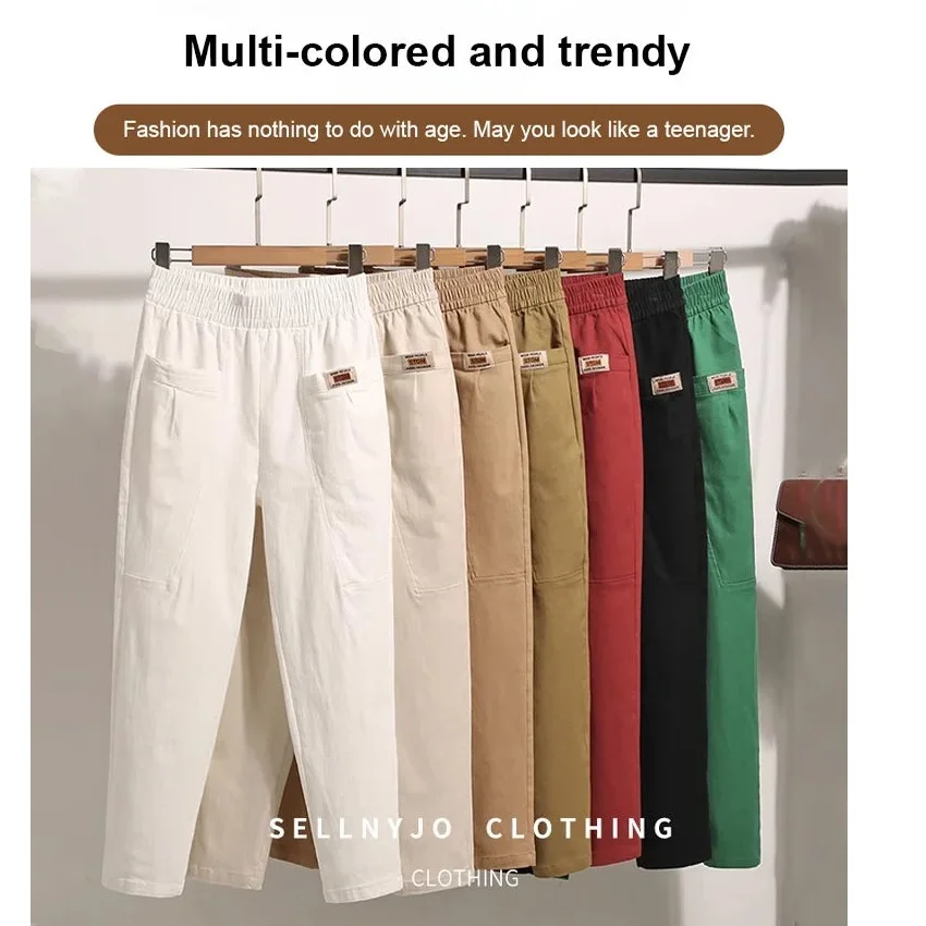 Women's Elastic Waist Cotton Pants Wrinkle Free Relaxed Fit Straight Leg Pant Casual Loose Fitting Pants