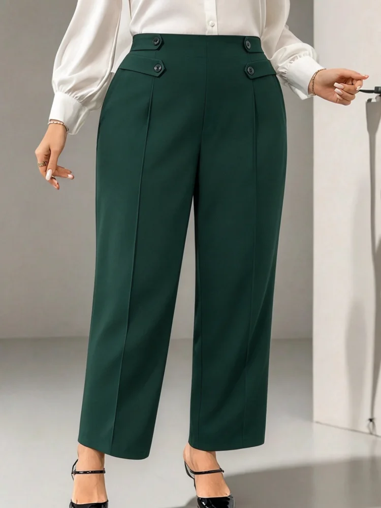 Plus Size Women Trousers High Waist Straight Leg Dress Pants Decorative Button Front Seam Office Cropped for Casual Daily