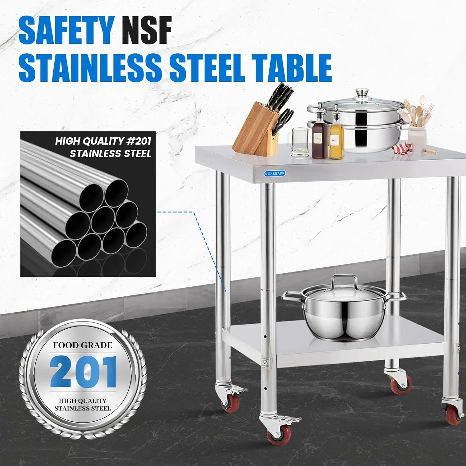 Steel Table for Prep & Work with 4 Caster Wheels with Adjustable Undershelf 24 x 30 NSF Metal Commercial Kitchen Workt