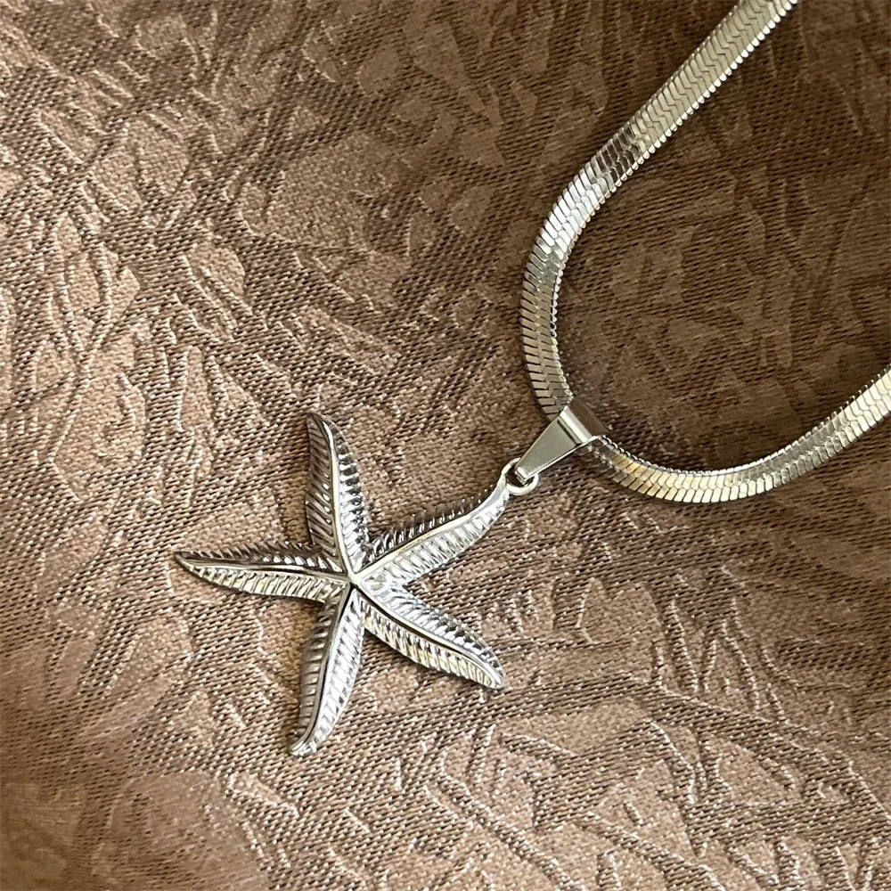 Stainless Steel Exaggerated Boho Metal Big Starfish Star Pendant Choker Necklace Women Summer Punk Snake Blade Chain Y2K Jewelry
