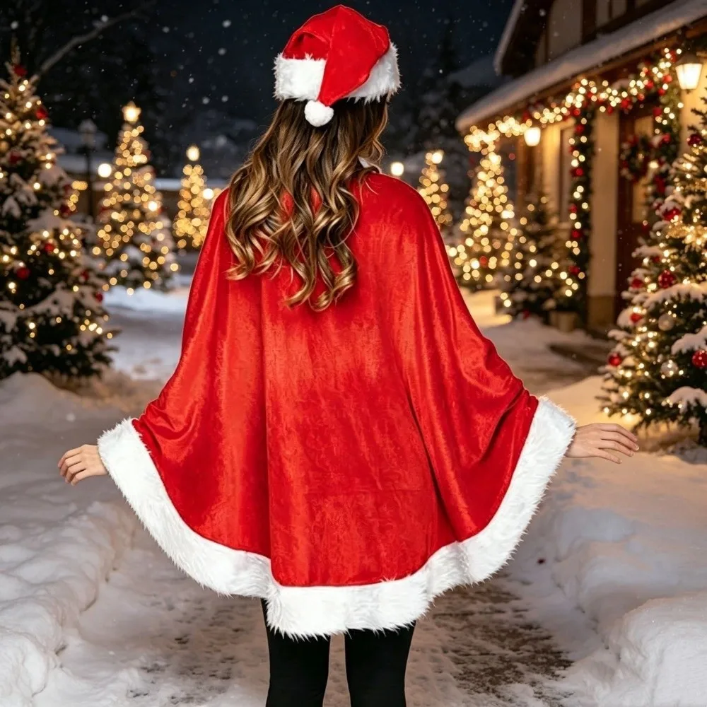 Simple Polyester Christmas Cloak and Hat Thick Warm Xmas Cape Cosplay Costume Shawl Santa Claus Costume Autumn Winter