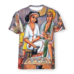 Ethiopian Painting Art Coffee Ceremony Polyester TShirts  Male Style Tops Thin T Shirt Round Neck