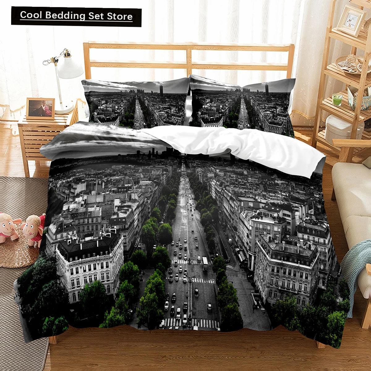 

Cityscapes King Queen Duvet Cover Tall Buildings Landscape Bedding Set Busy Traffic View Quilt Cover Polyester Comforter Cover