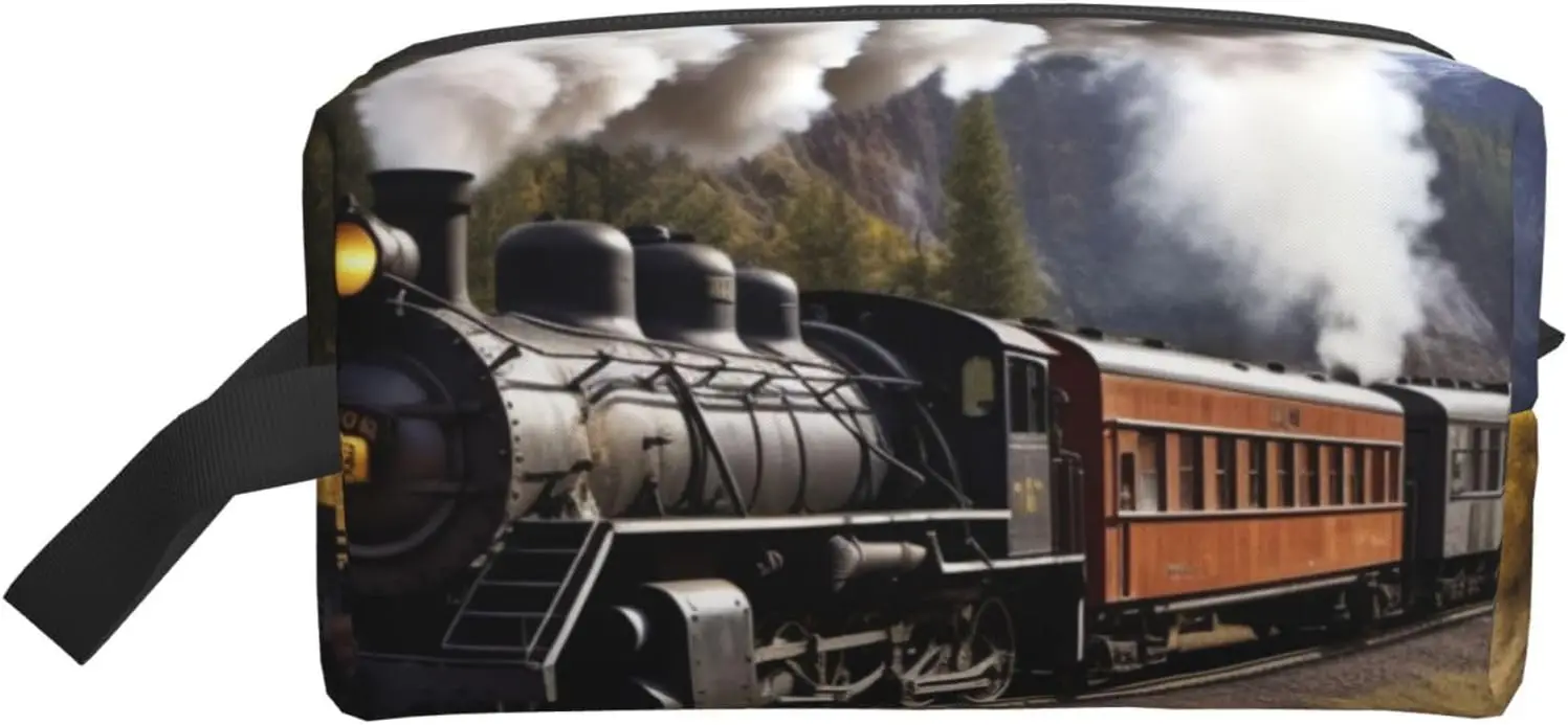 

Travel Toiletry Bag for Women Men Leather Makeup Bag Large Portable Travel Organizer Steam Locomotive Train Cosmetic Bag
