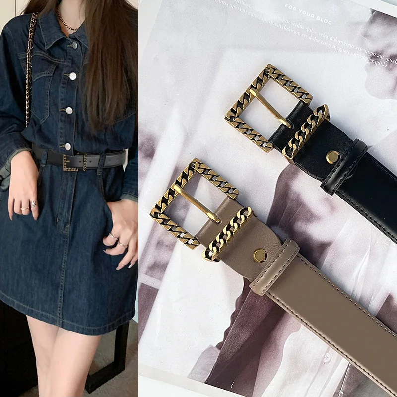 

Women's leather belt, cowhide versatile, simple denim skirt, jeans sweater jacket, retro belt width 3.3CM