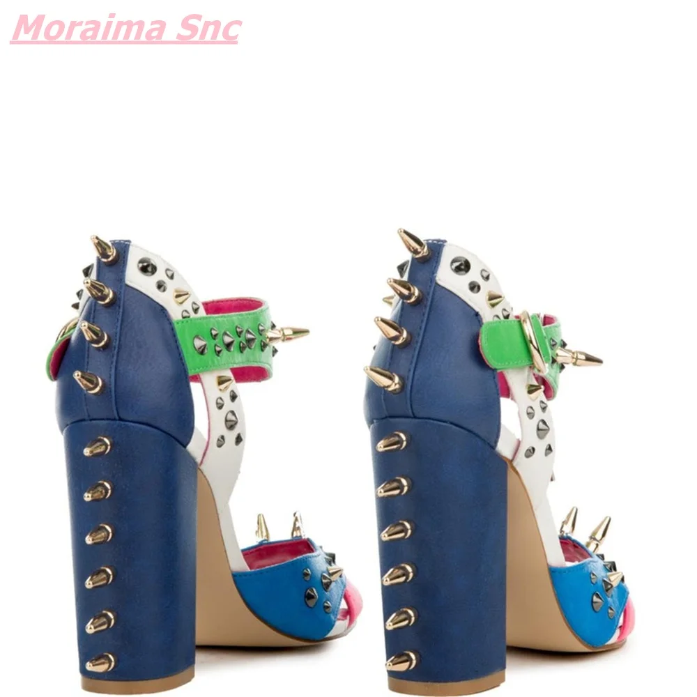 Leather Stitching Rivet Women Sandals Peep Toe Square Heel Fashion Buckle Strap Novelty Hollow Summer Comfortable  Hottest 2022