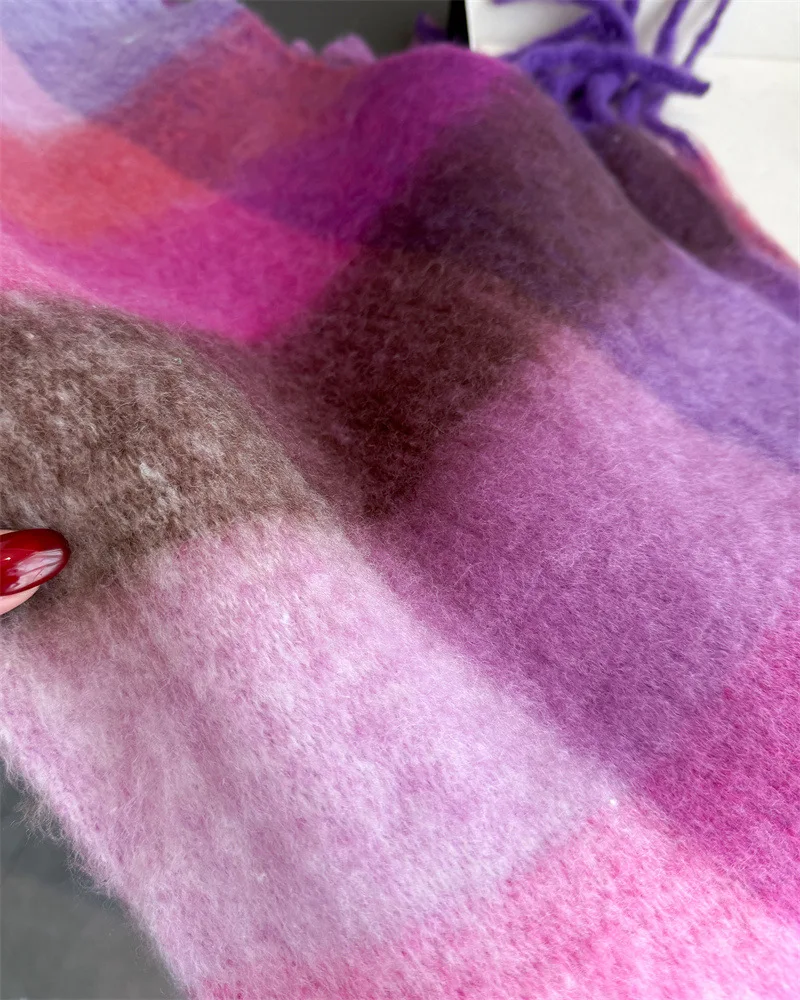 Warmer Dicker Winterschal für Damen, Mohair, Kariert, Weicher Quastenschal, Pashmina, Großer Halsdecken-Schal – Detail 28