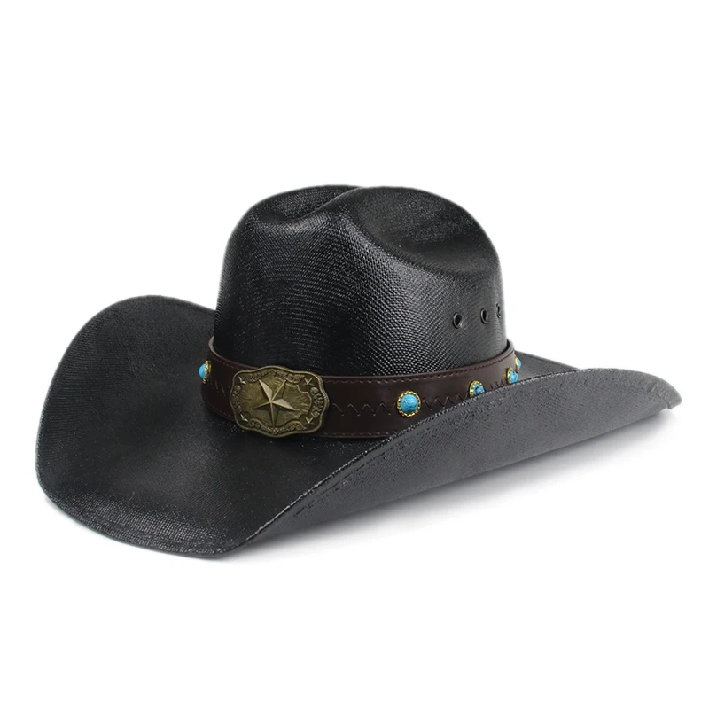 

Retro Unisex Turquoise Beads Star Yellowstone Beach American Western Wide Brim Cowboy & Cowgirl Sun Hat Pinch Front 57-61cm