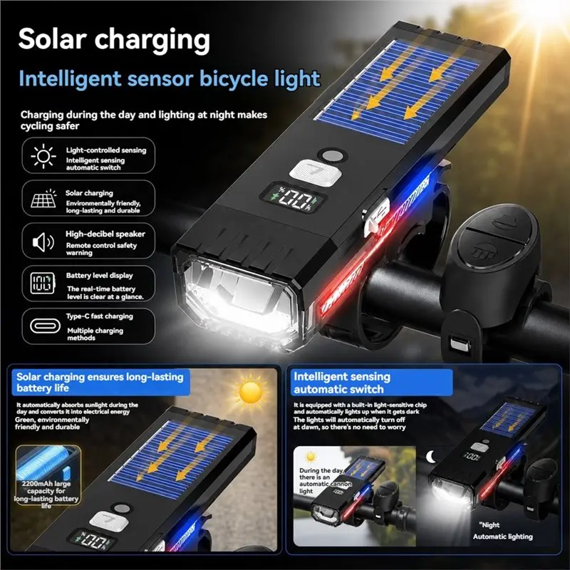 ABVL-Solar-Powered For Cycling Horn Headlight Bike Light With LCD Display For Night Road And Urban Commuting