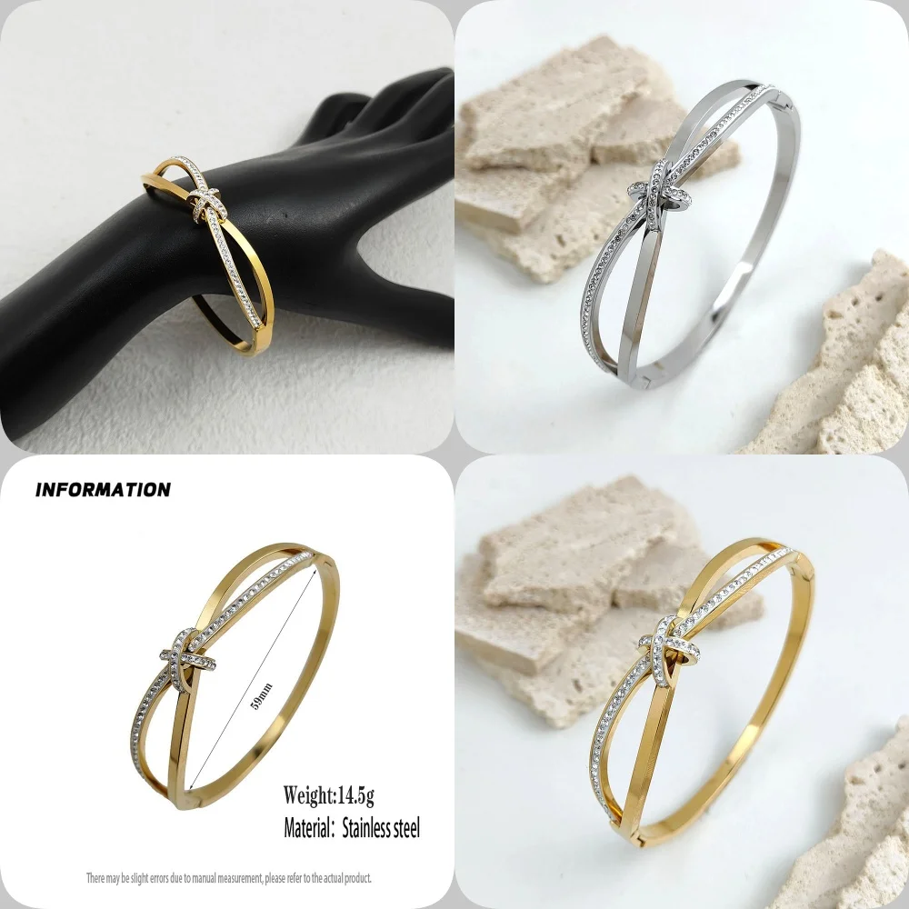 

Charm Cross Bow Zircon Gold Plated 18k Stainless Steel Bracelet, High Quality Waterproof Silver Jewelry, Wife Gift