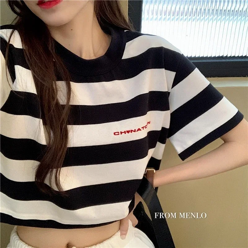 Black White Striped Cropped Top Women Summer New Korean Loose Short-sleeved T-shirt Fashion Egirl Letter Print Oversized Shirt