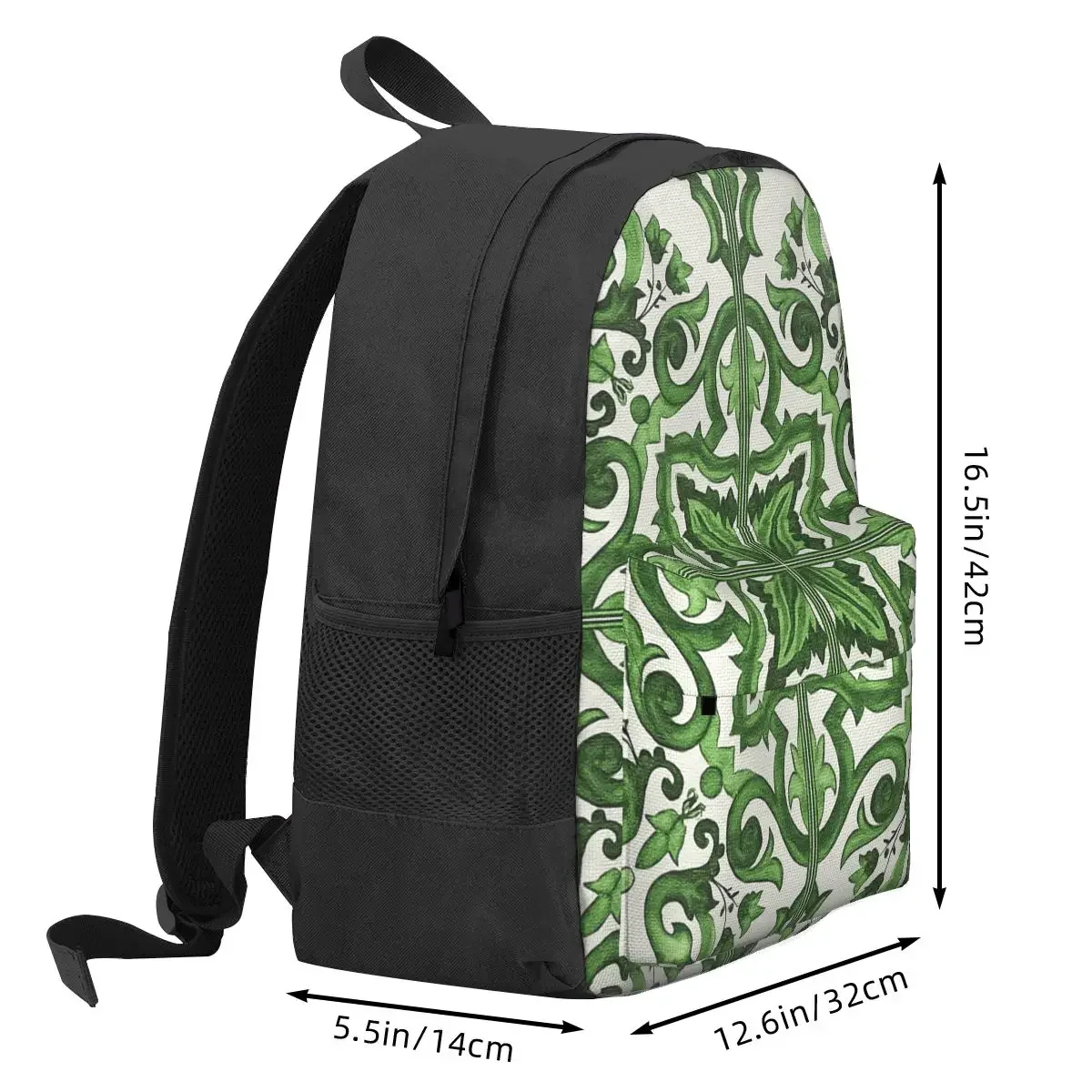 Green Ornate Floral Mediterranean Sicilian Tile Backpack Student BookBag Children School Bag Laptop Shoulder Bags for Men Women