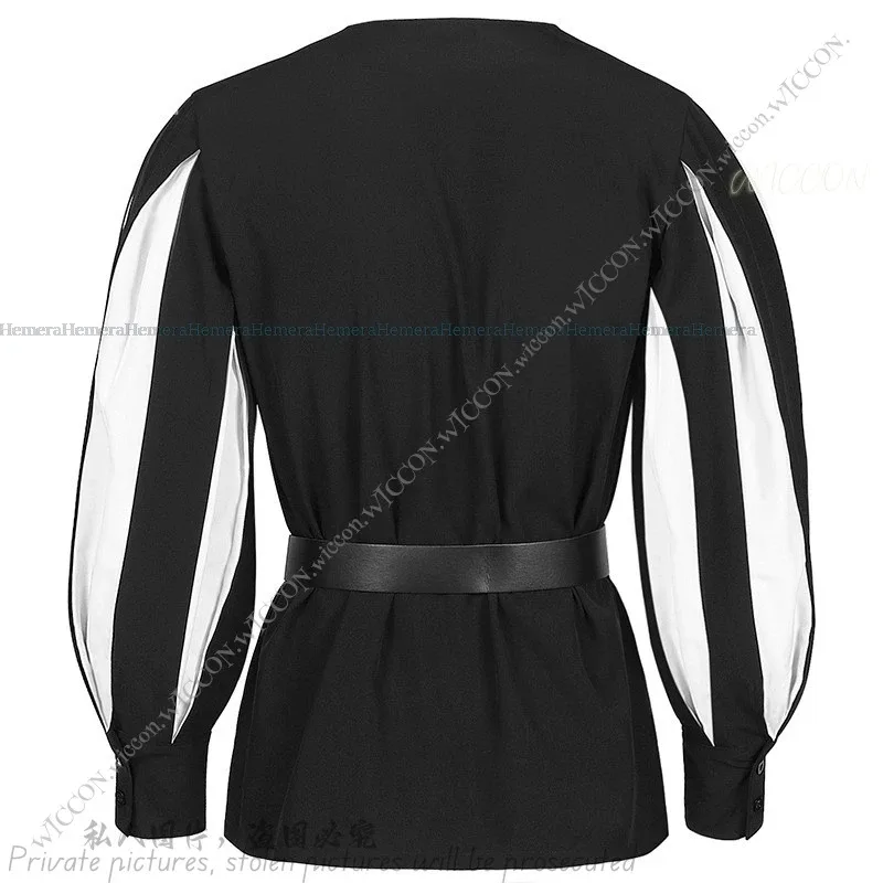 هالوين الرجعية القرون الوسطى الدراما زي مطابقة اللون التعادل قميص تأثيري بلوزة حزام المهرجانات السوداء حفلة تنكرية يتوهم