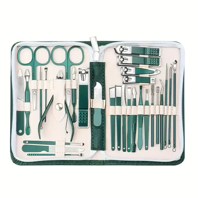 Juego profesional de cortaúñas de acero inoxidable, herramientas de uñas verdes, juego de manicura y pedicura, Kit de aseo de viaje de 30 Uds.