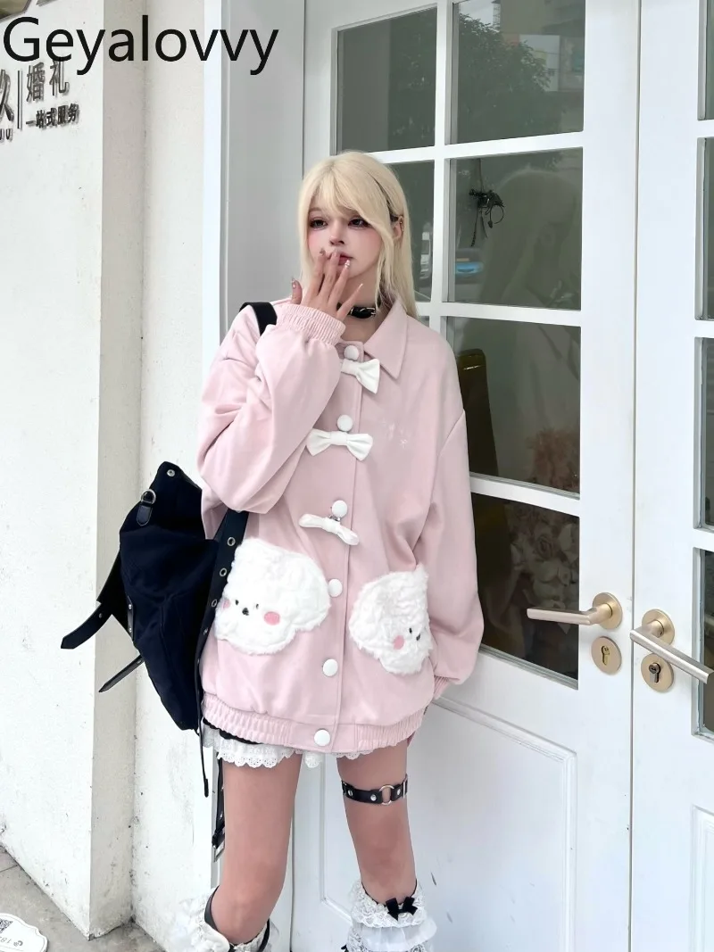 

Sweet Girl Student Versatile Turn-Down Collar Coat Women's Three-Dimensional Bow Loose Single-Breasted Casual Baseball Jacket