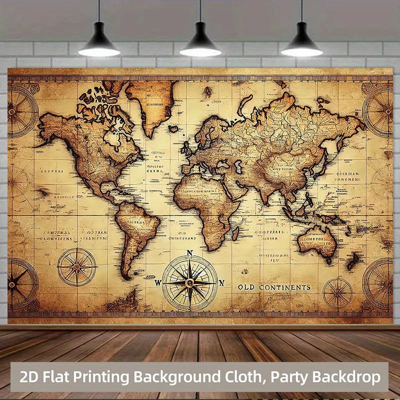 1pc Vintage World Map Old Continents Tapestry 2D Flat Compass Geography Wall Hanging for Study Office Retro Decor Fabric Poster