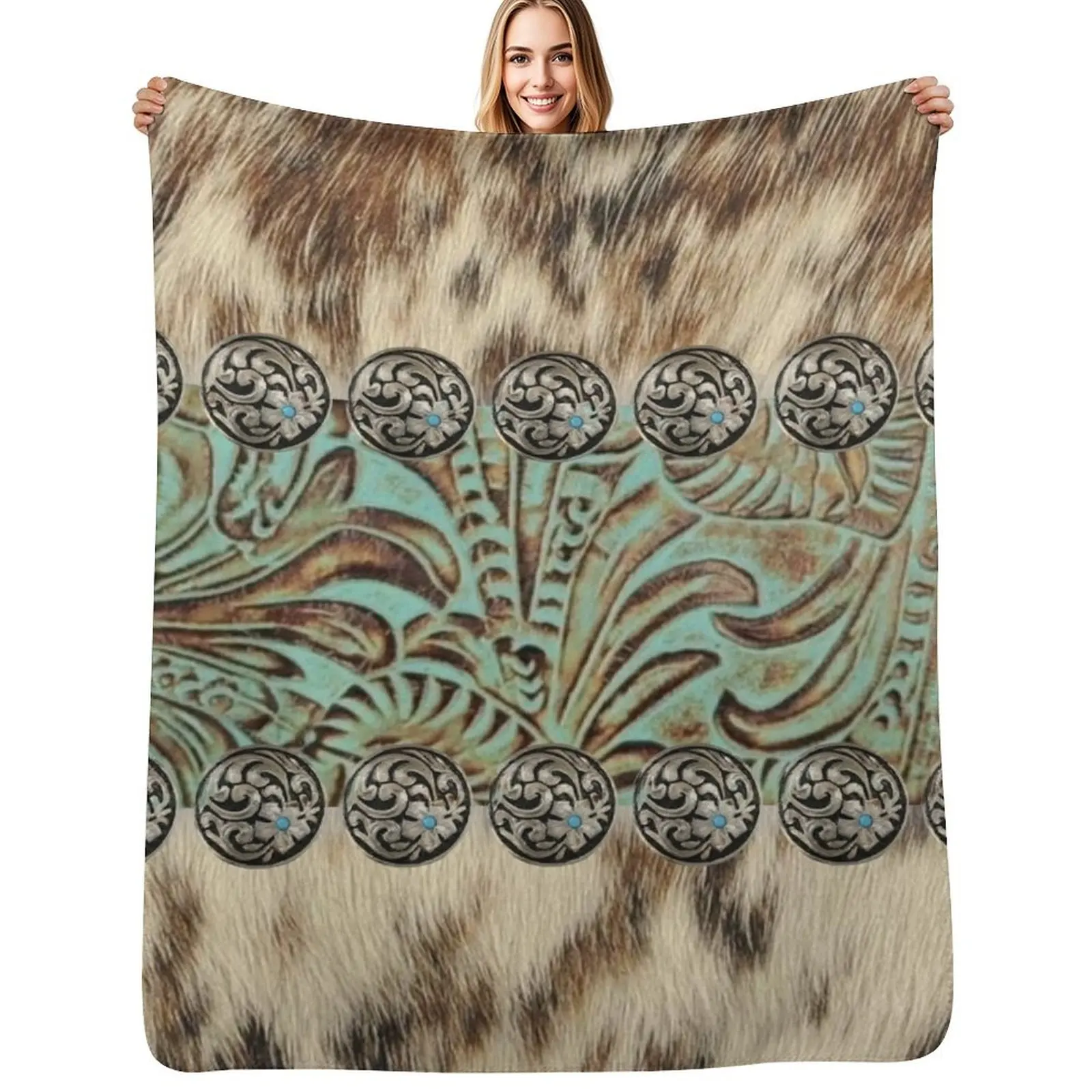 

Rustic brown beige teal western country cowboy fashion Throw Blanket Lightweight Warm Blanket for Indoor Outdoor Use