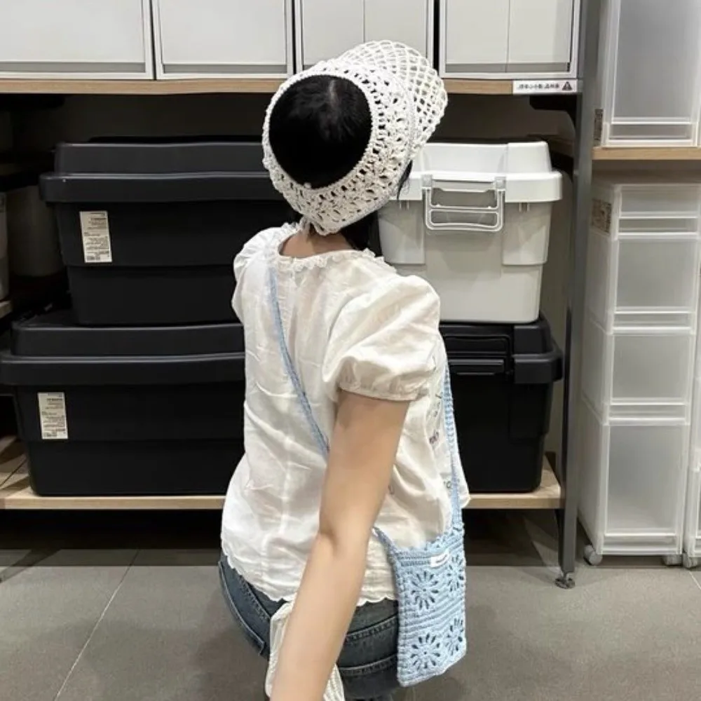 

Simple Sunscreen Crochet Empty Top Cap Sunshade Soft Hollow Out Visor Hat Knitted Foldable Drawstring Hat Girls