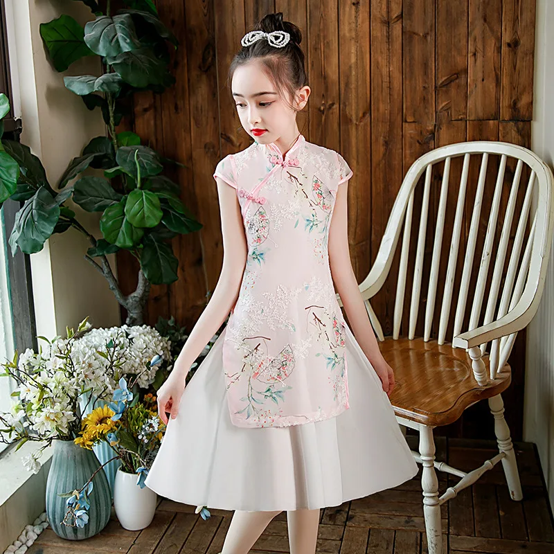 

Summer Children Chinese Lovely Qipao Short Sleeve Embroidery Girls Party Dress Kids Traditional Cotton Cheongsam