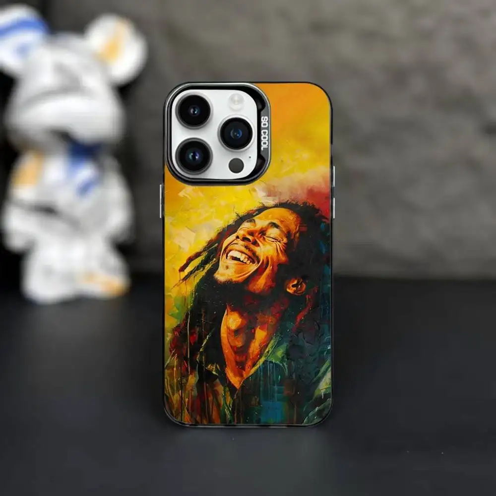 حافظة هاتف B-Bob M-Marley Singer لهاتف iPhone 16,15,14,13,12,11,Mini,Pro,MAX غطاء أسود غير لامع مقاوم للصدمات