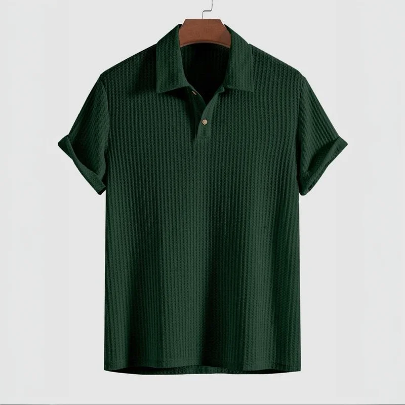 Polo de punto jacquard liso para hombre, corte regular, pantalón corto informal, manga con botones en la parte delantera, ropa de moda de verano para uso diario