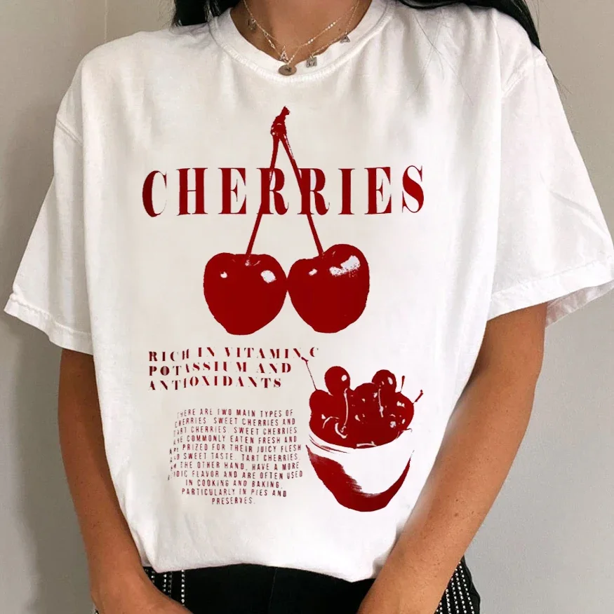 T-Shirt Printing Basic Clothing Short Sleeved O-Neck T-Shirt Casual Fashion Trend Women\'s Cherry Pattern Summer New T-Shirt.