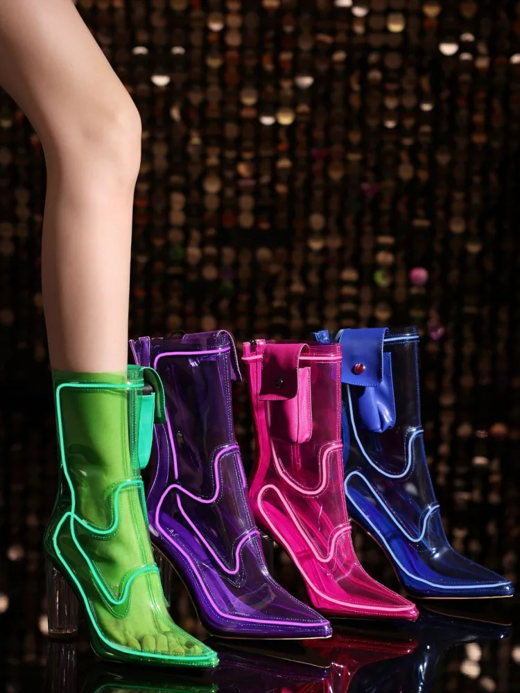 Damen-Transparente-Dicksohlige-High-Heel-Kurzstiefel für Laufsteg-Shows, Bühnen-Bankette, Weihnachts-Nachtlicht-Partys, Modestiefel