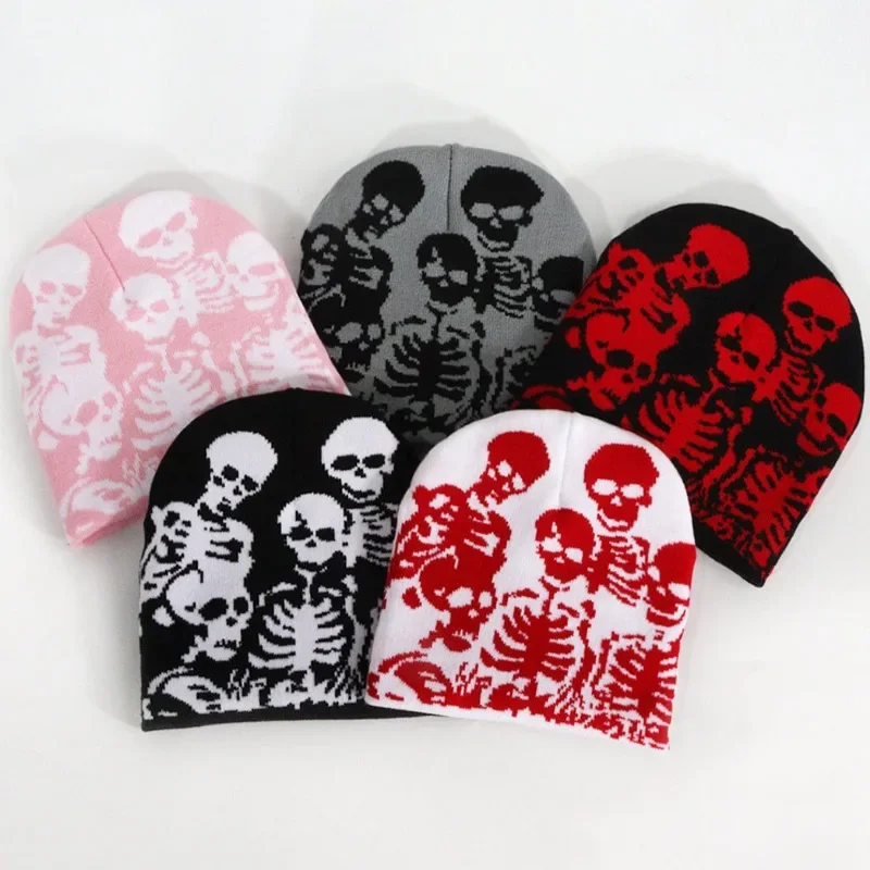 Popular Five-skull Pattern Double-sided Jacquard Knitted Hat Autumn and Winter Personalized Fashion Y2K Trend Spot Direct Supply