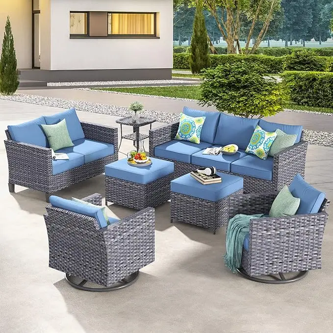 

7 Piece Outdoor Wicker Sofa with Swivel Rocking Chairs, Loveseat and Comfy Cushions, High Back Rattan Couch Conversation Set