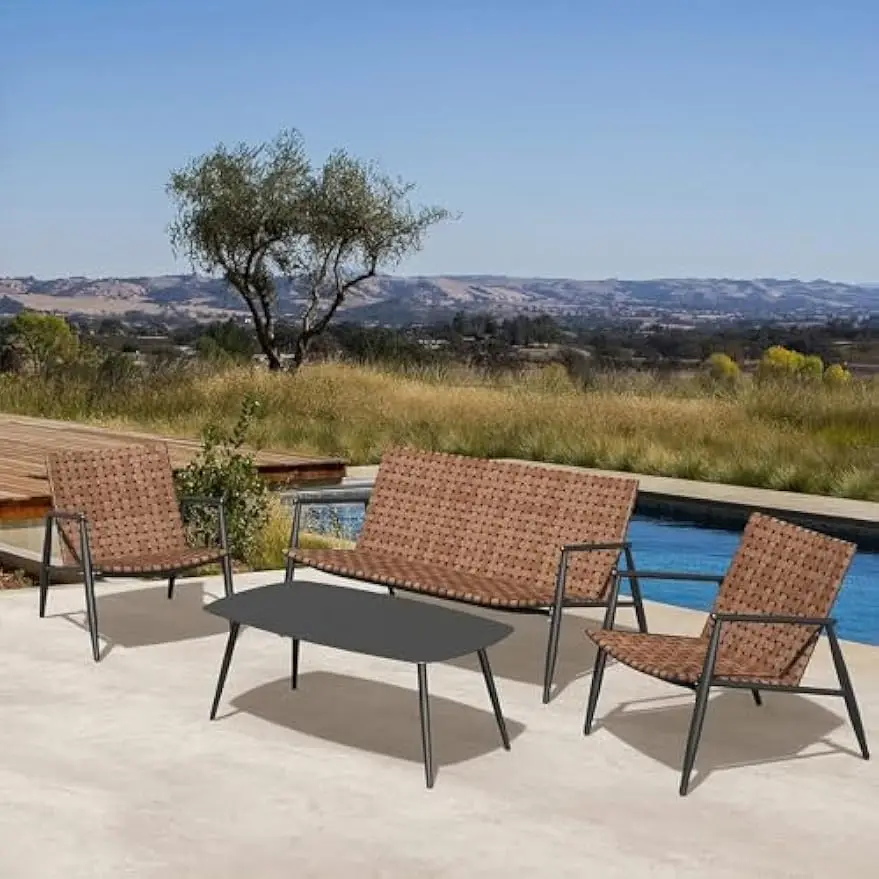 4 Pieces Outdoor Furniture Set, Leather-Look Patio Conversation Set, Vintage Brown Wicker Chairs Loveseat and A Coffee