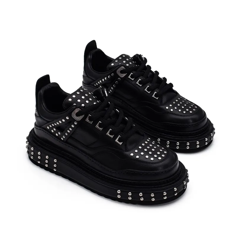 Casual Trainers Genuine Leather Platform Sneakers Stud Embellishment Lace‑Up Thick Sole Punk Street‑Style Men Fashion Shoes