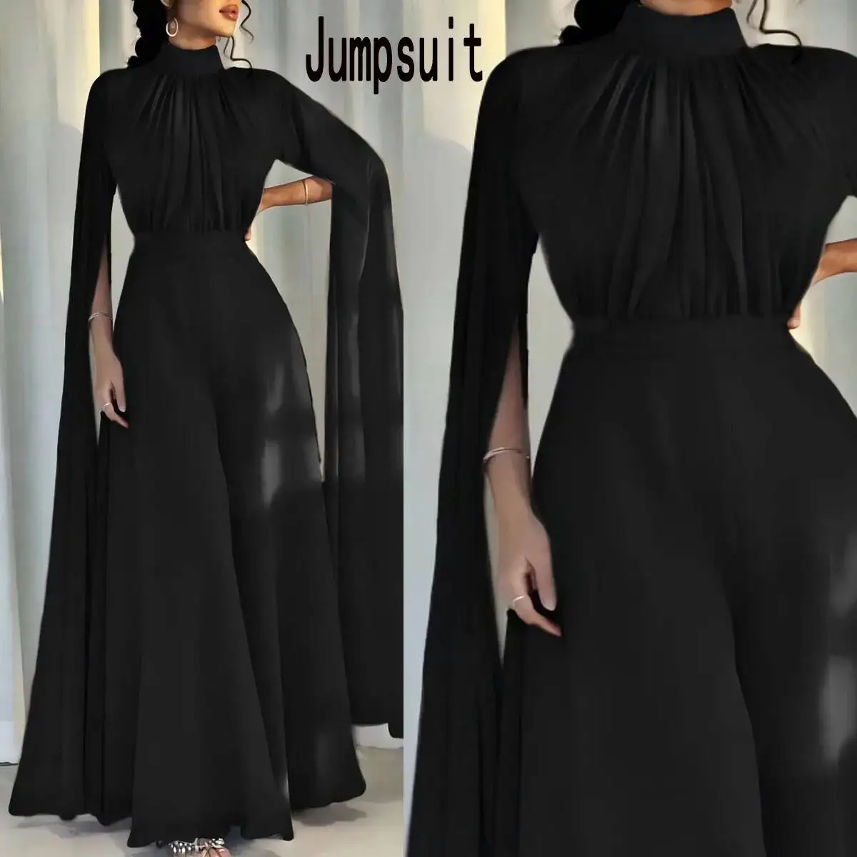 

Women's Long Sleeve Mid-High Collar Jumpsuit Wide-Leg Pants Flared Pants