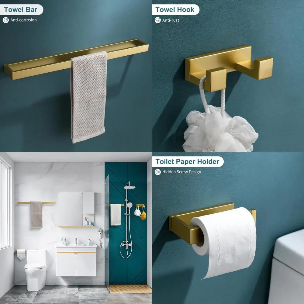 

4-Piece Gold Bathroom Accessory Set: Towel Bar, Holder, Stainless Steel, Wall-Mounted, 23.6