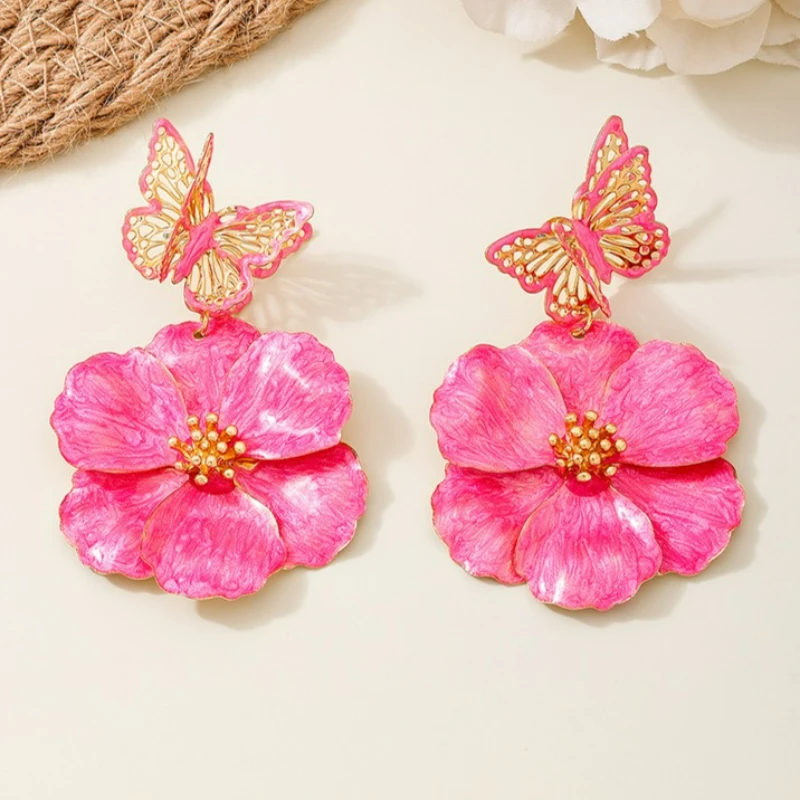 Exaggerated Holiday Wedding Metal Rose Red Flower Butterfly Earrings Women's Temperament Versatile Senior Elegance 5E183