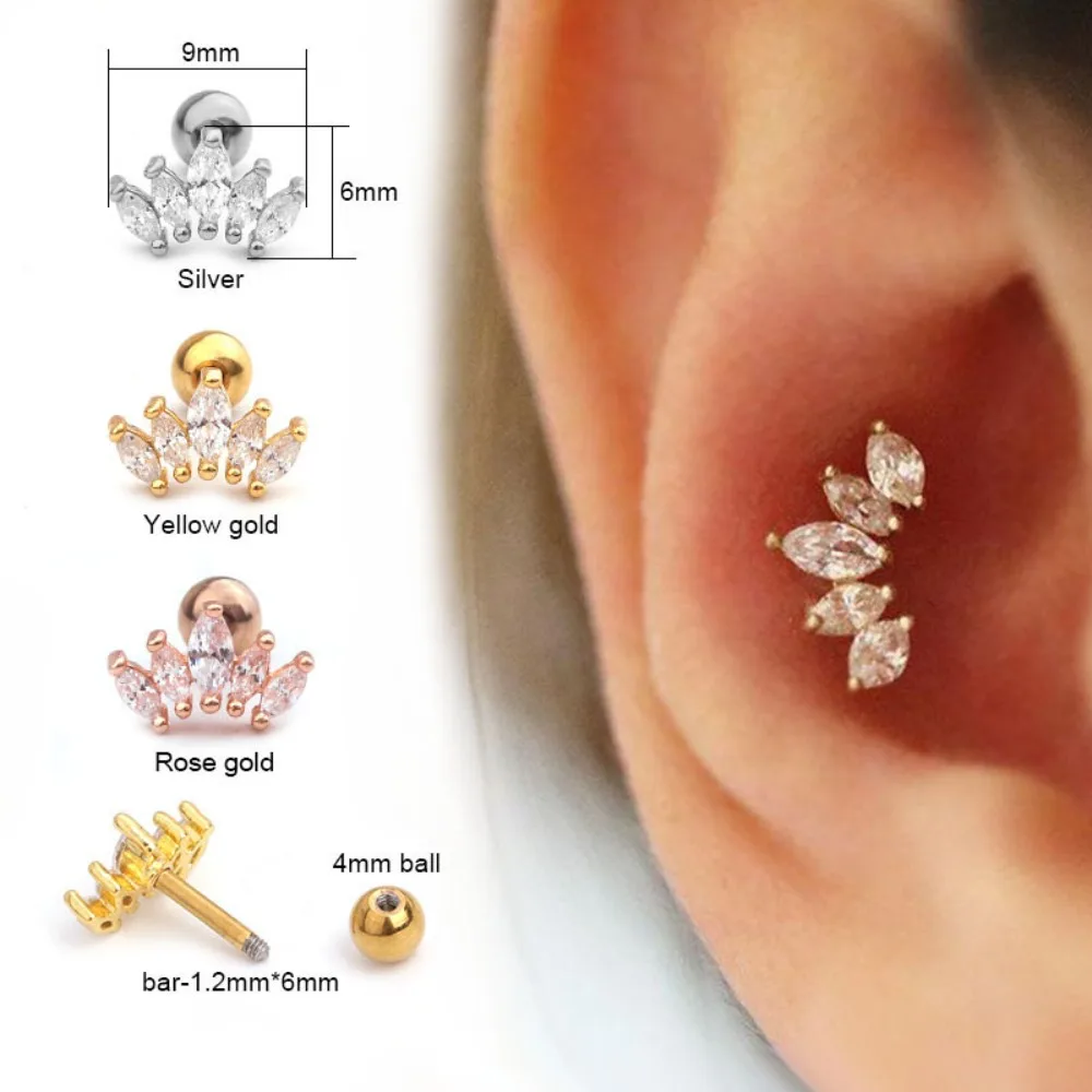 

Exquisite Trendy 5 Zircons Irregular Arrange Stainless Steel Ear Bone Nail Screw Puncture Stud Earrings for Women Jewellery Gift