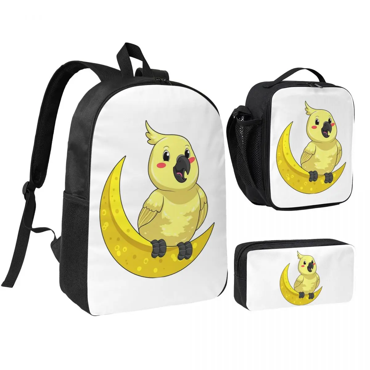 

Cockatoo Cockatiel Parrot With Moon Backpack Boys Girls BookBag School Bag Shoulder Bags 3ps Insulated Lunch Bag Pencil Case