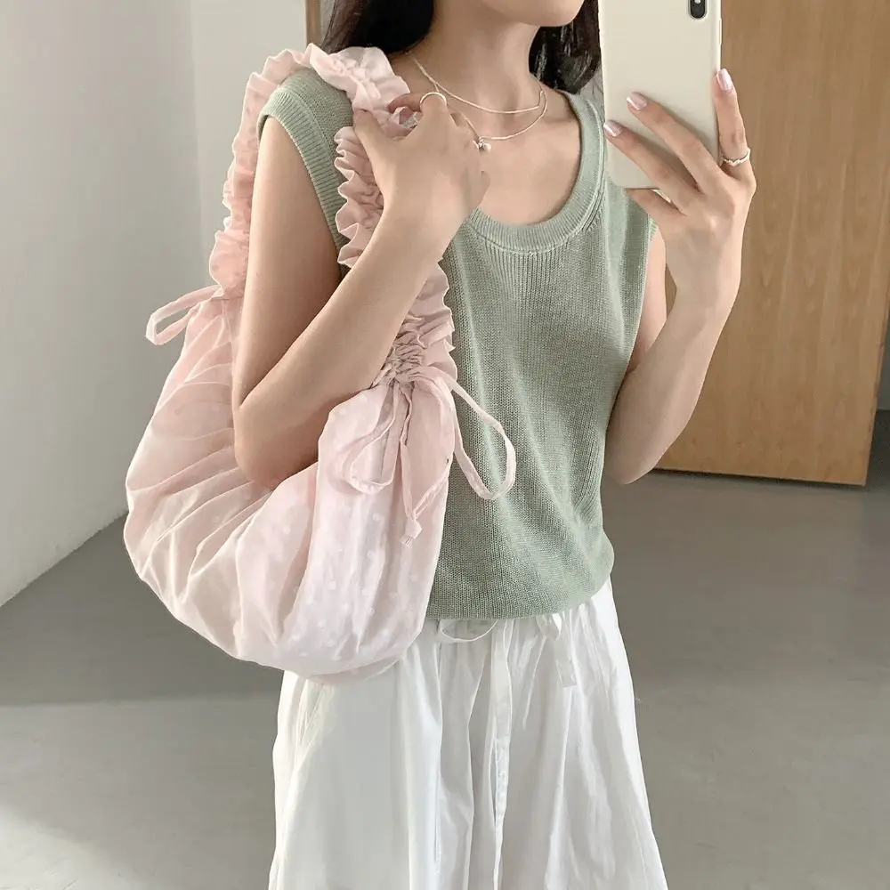 

Korean Style Drawstring Shoulder Bag Lightweight Dumpling Bag Polka Dot Pleated Bag Large Capacity Ballet Style