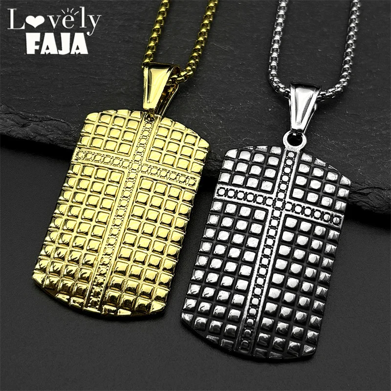 

Stainless Steel Grid Grain Dog Tag Cross Pendant Necklace for Men Boyfriend Gold Color Chain Geometric Male Punk Jewelry Gift